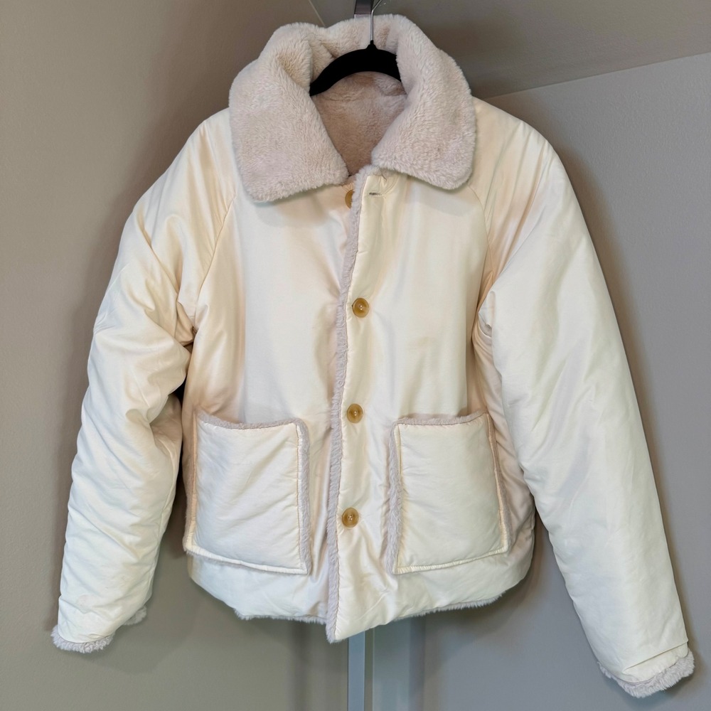 Reversible Shearling Lined Jacket Cream Button Front Cozy Warm Winter Coat S M